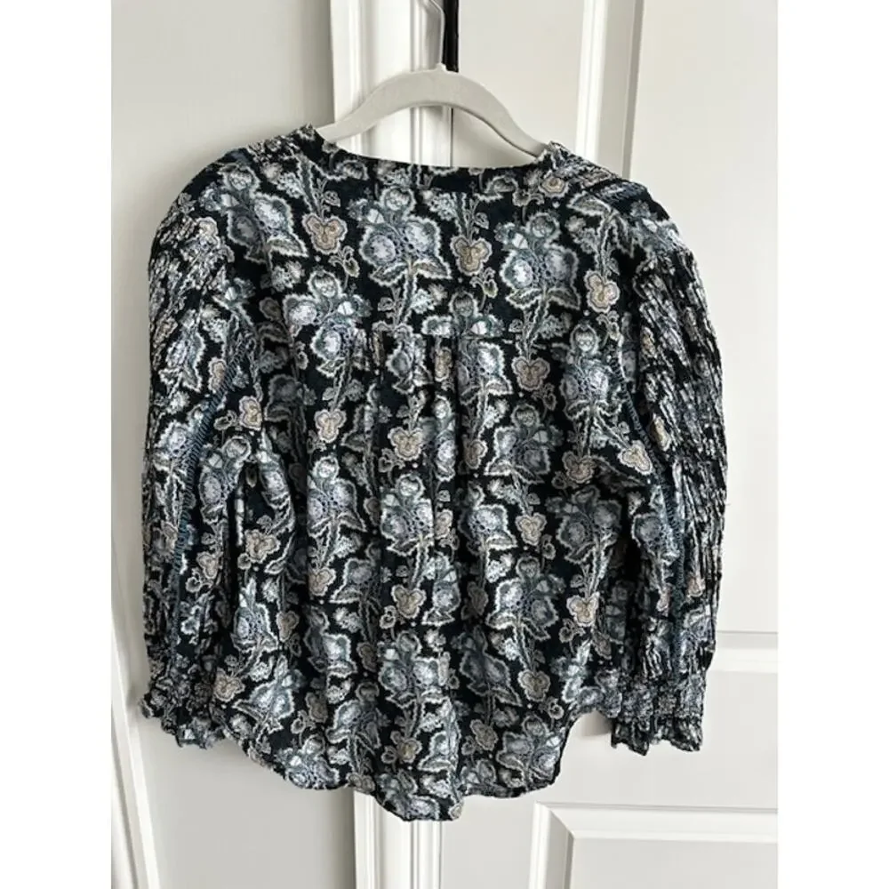 Anthropologie Floral Cotton Peasant Blouse Small Blue/Green - Picture 5 of 9